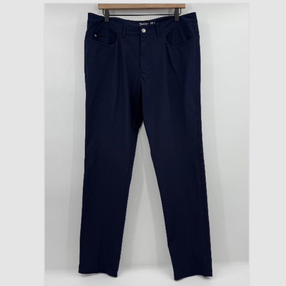 Straight Down Pants Men 34 Blue Tapered Ankle Stretch Performance 5 Pocket Golf